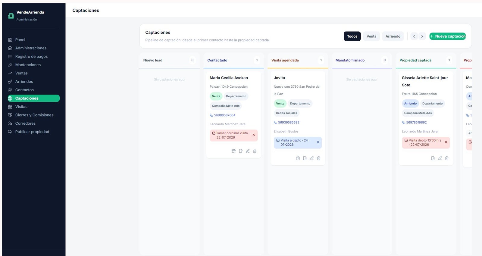 Pipeline de captaciones Kanban